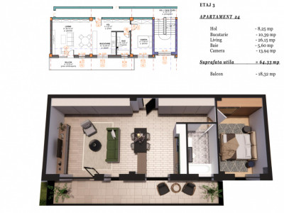 Apartament 2 camere cu terasă bloc nou Cluj Napoca 